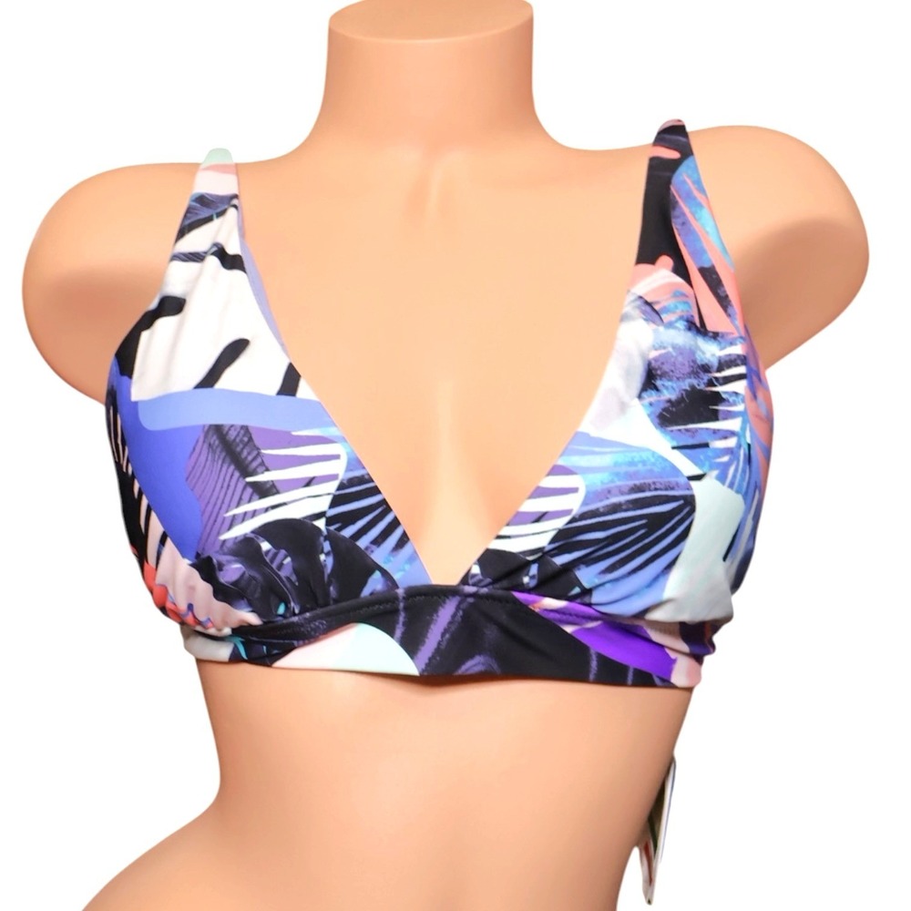 Raisins NWT Large Black Abstract Print Plunge Bikini Top Tie Back Modern Art